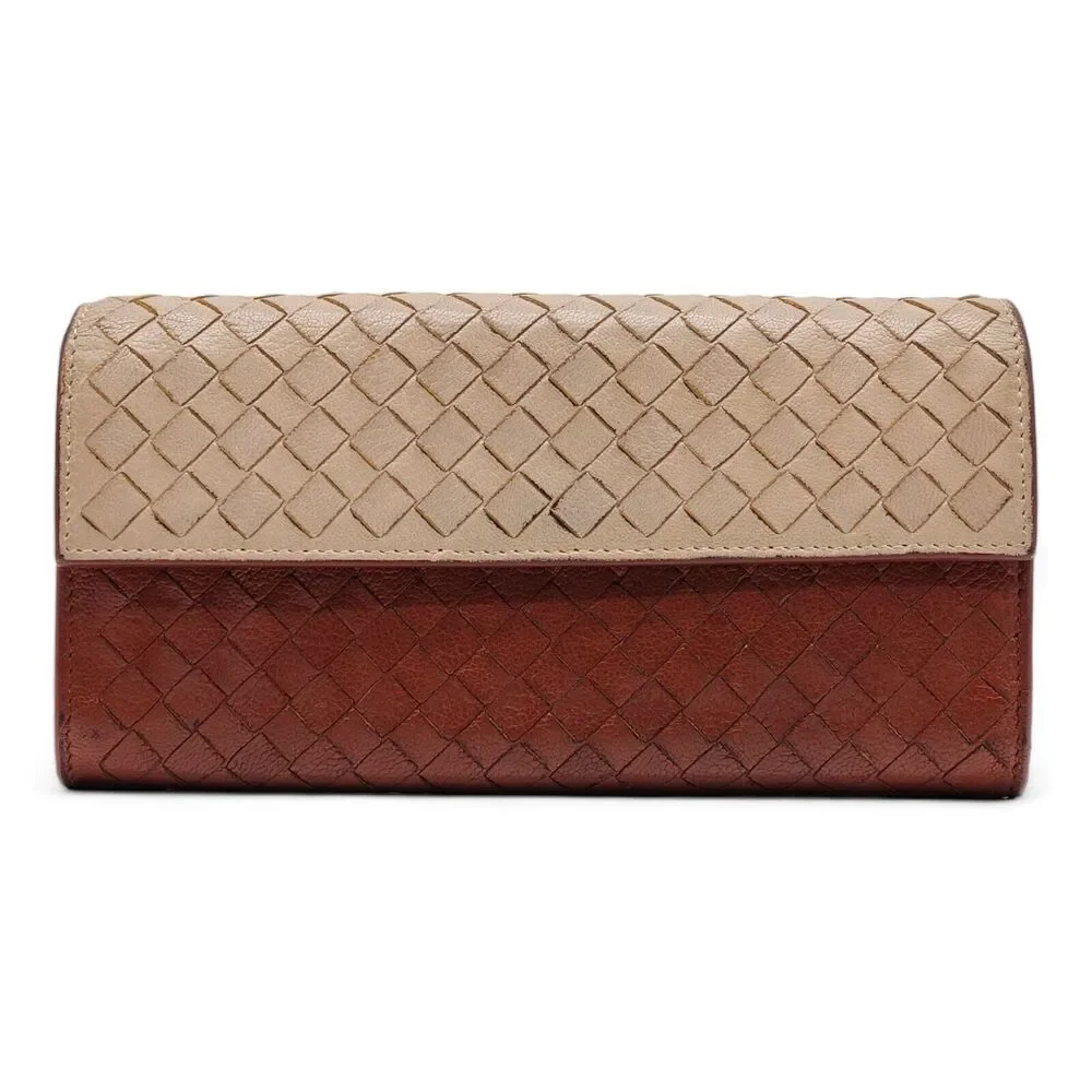 Bottega Veneta Intrecciato Unisex Leather Long Wallet 150509 Beige and Brown